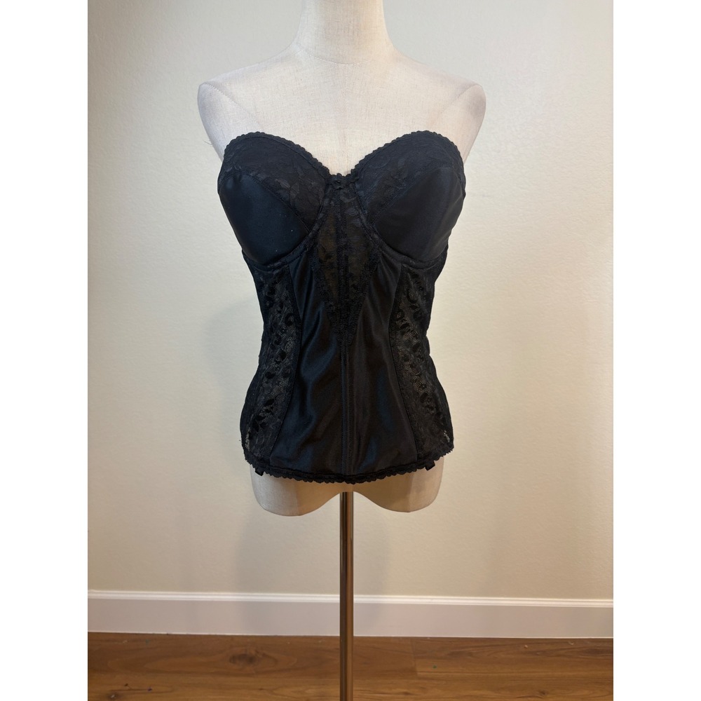 Vintage Carnival Bustier Women 38C Black Lace Longline Strapless Corset 423